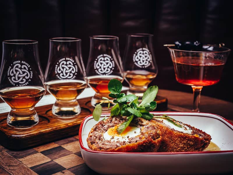 Scotch egg and whisky flight