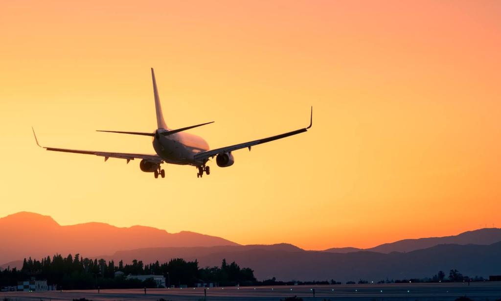 Amidst a breathtaking sunset, an airplane lands gracefully, offering a sense of adventure and escape. With majestic mountains as a backdrop, the scene embodies the beauty and tranquility of a vacation journey.